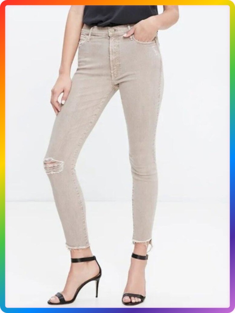 Mother Stunner Zip Ankle Jeans Size 26 Sexy Sand High Rise Fray Hem Stretch